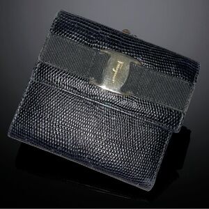 Salvatore Ferragamo Vara bow compact wallet Kisslock Black Lizard embossed